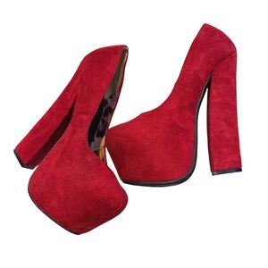 Shoe Republic LA Womens Faux Suede Pump Chunky Block Heel Sandals Red Size 7.5